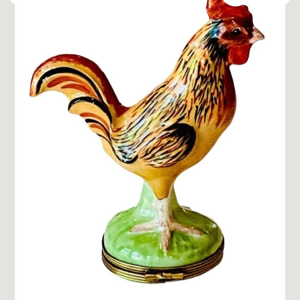 Limoges France Peint Main Rooster Pill Box Trinket Box 4"